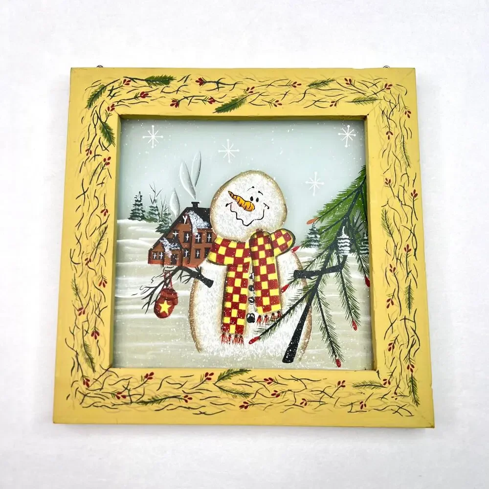 Vintage Country Snowman Painted Windowpane Art